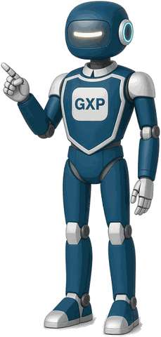 GXP, the friendly robot guide for this site, pointing to the three words