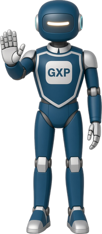 GXP, the friendly robot guide for this site, holding up one hand to say stop