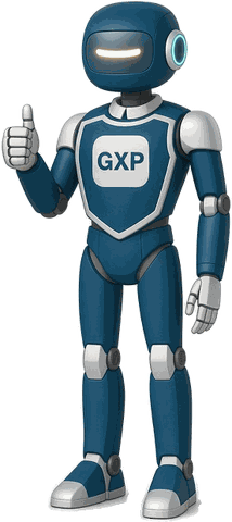 GXP, the friendly robot guide for this site, giving a thumbs up