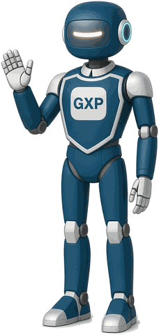 GXP, the friendly robot guide for this site, waving hello